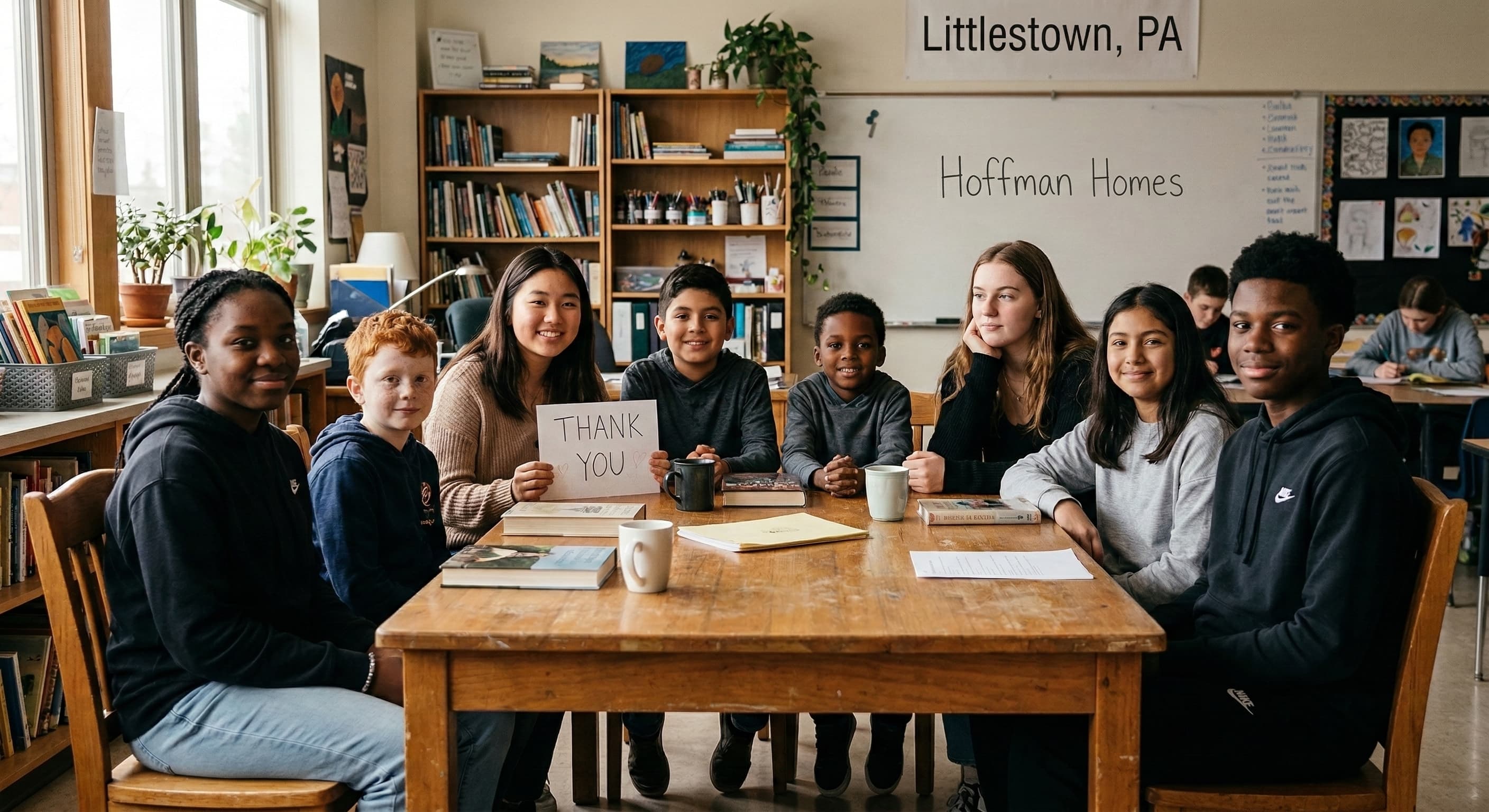 Children at Hoffman Homes holding a thank you sign