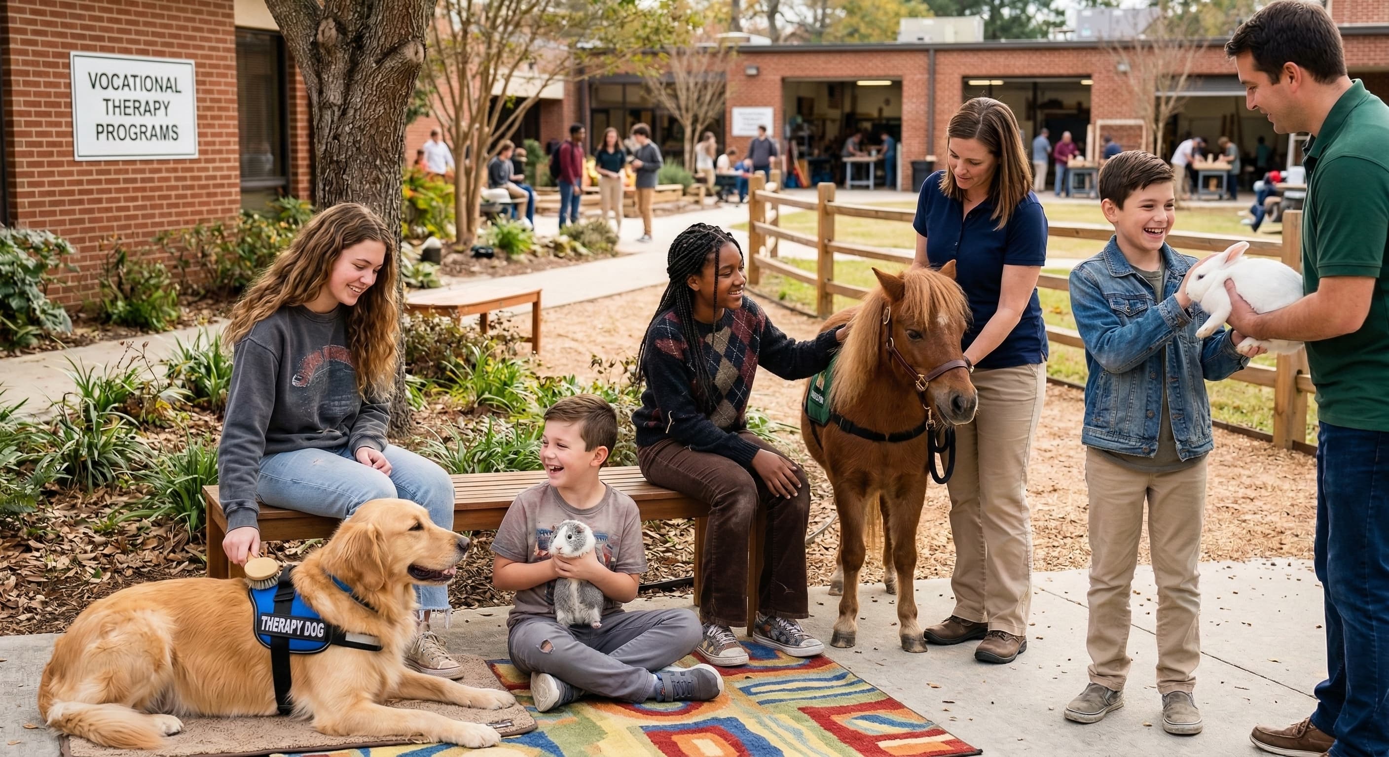 Students and staff with therapy animals including a dog, pony, and rabbit at Hoffman Homes