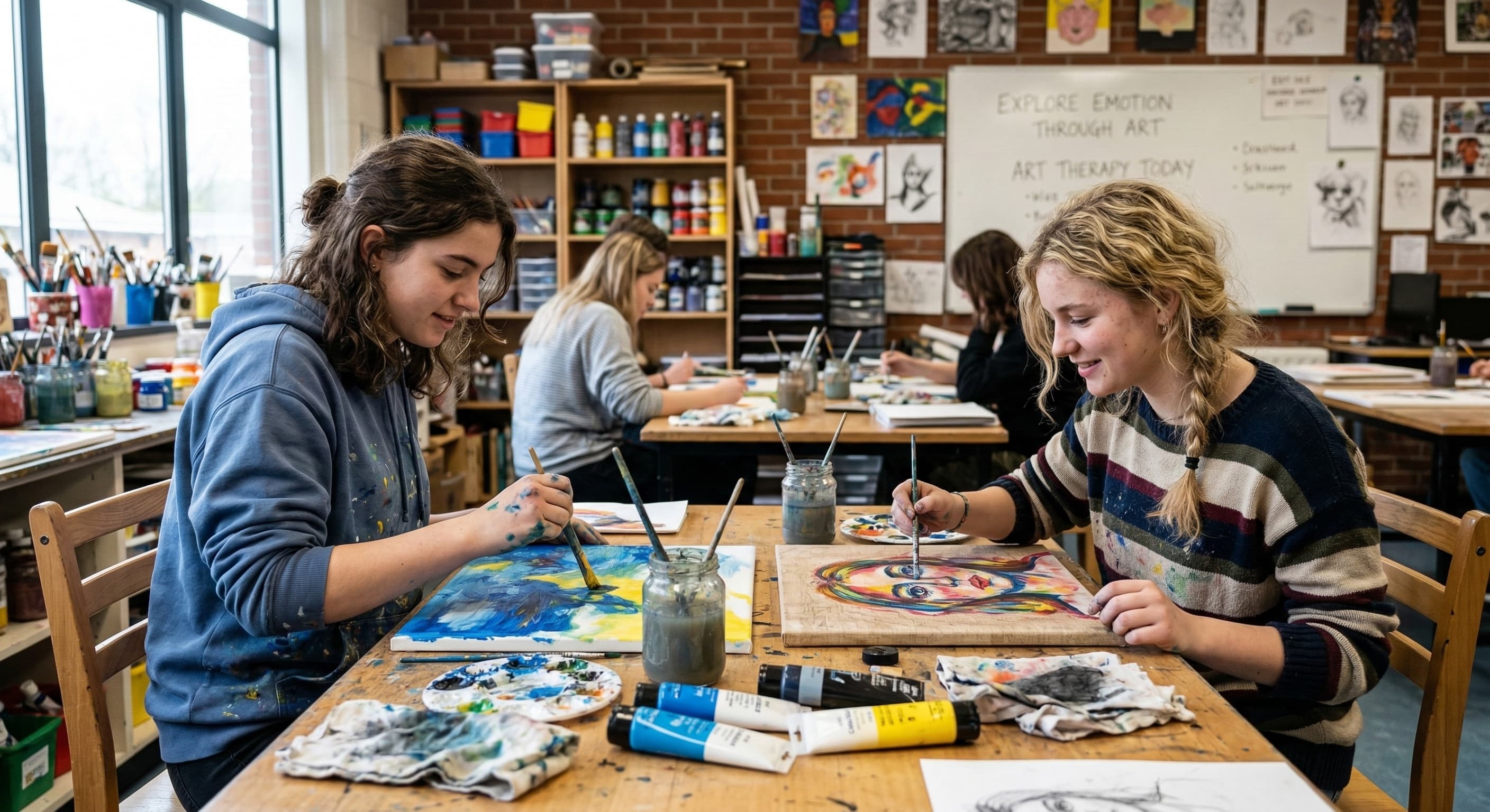 Students painting during an art therapy session at Hoffman Homes