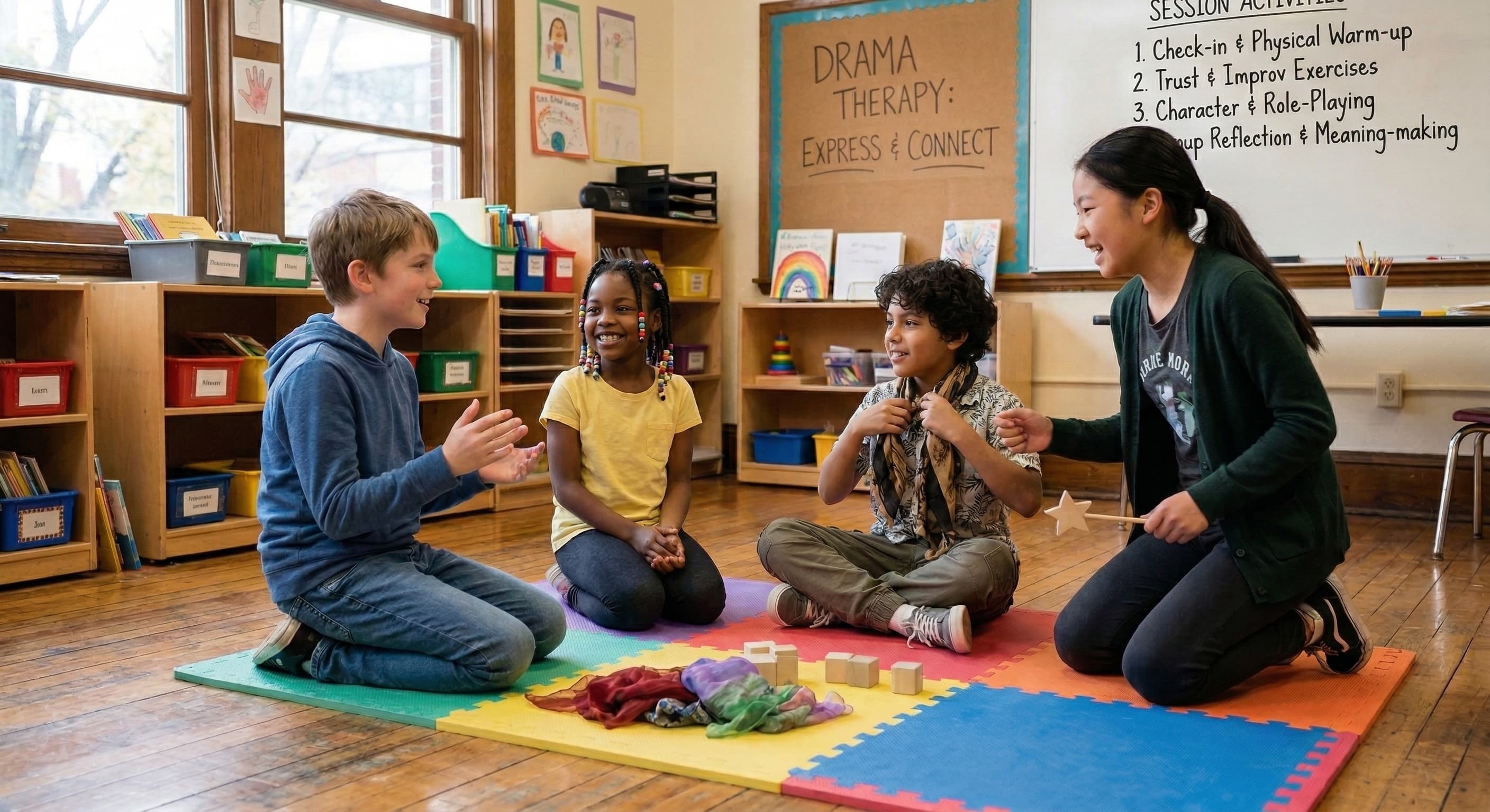 Students laughing together during a drama therapy session at Hoffman Homes