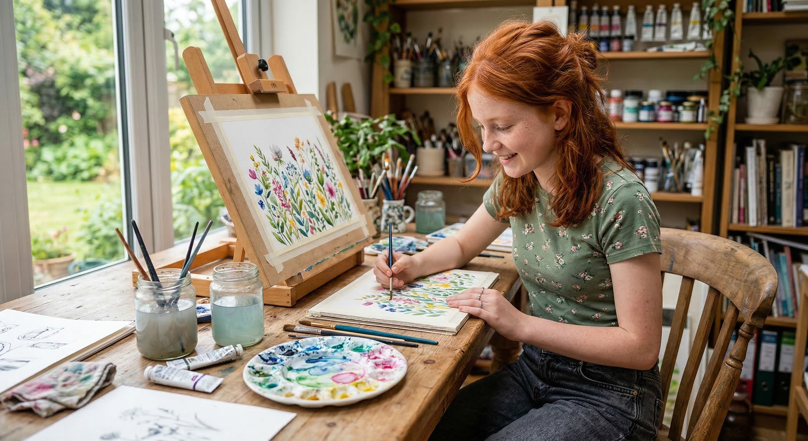 Student painting watercolors during a creative therapy session at Hoffman Homes