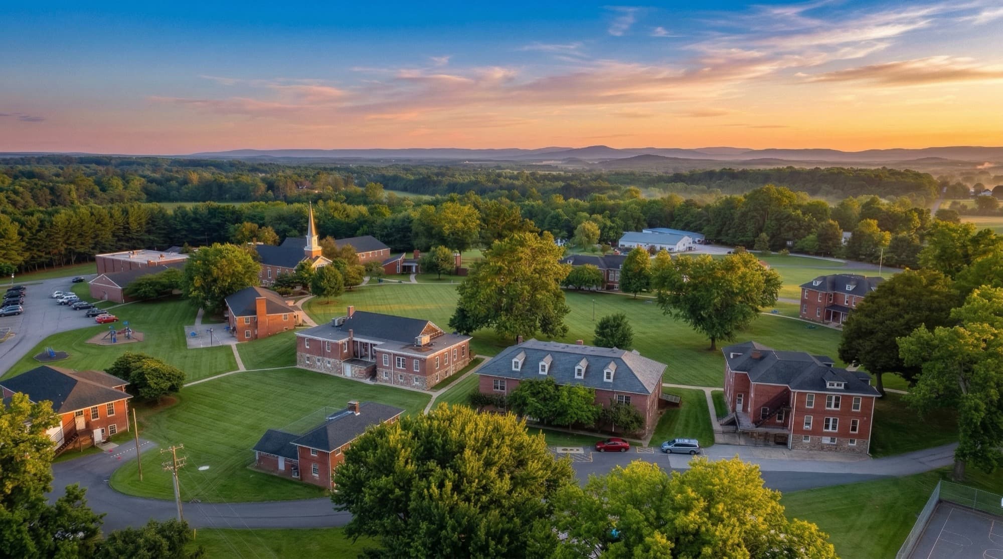 Aerial view of the Hoffman Homes campus at sunset